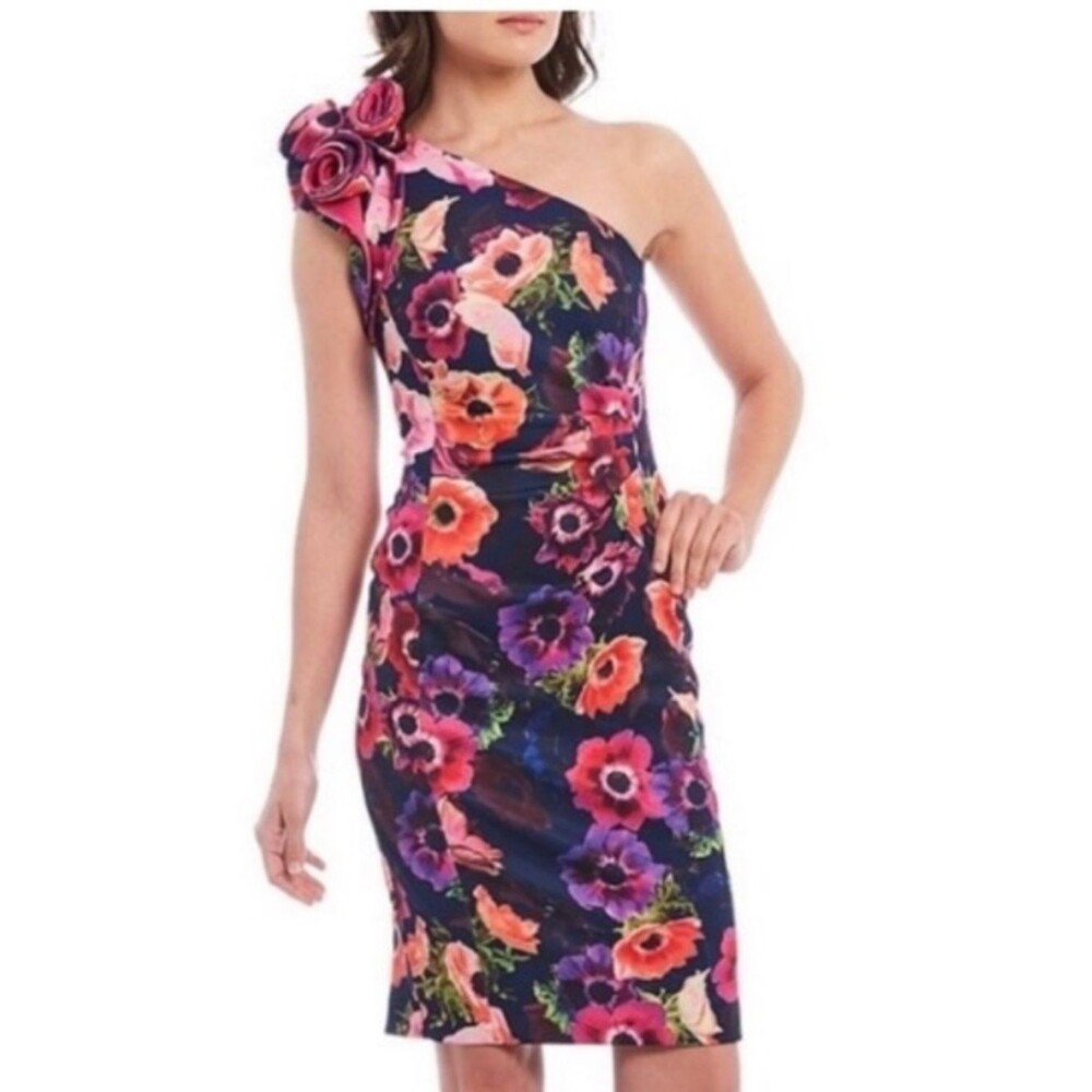 Alex Marie Floral One Shoulder Rosette Sheath Dress Navy Pink Size 12 Gardencore